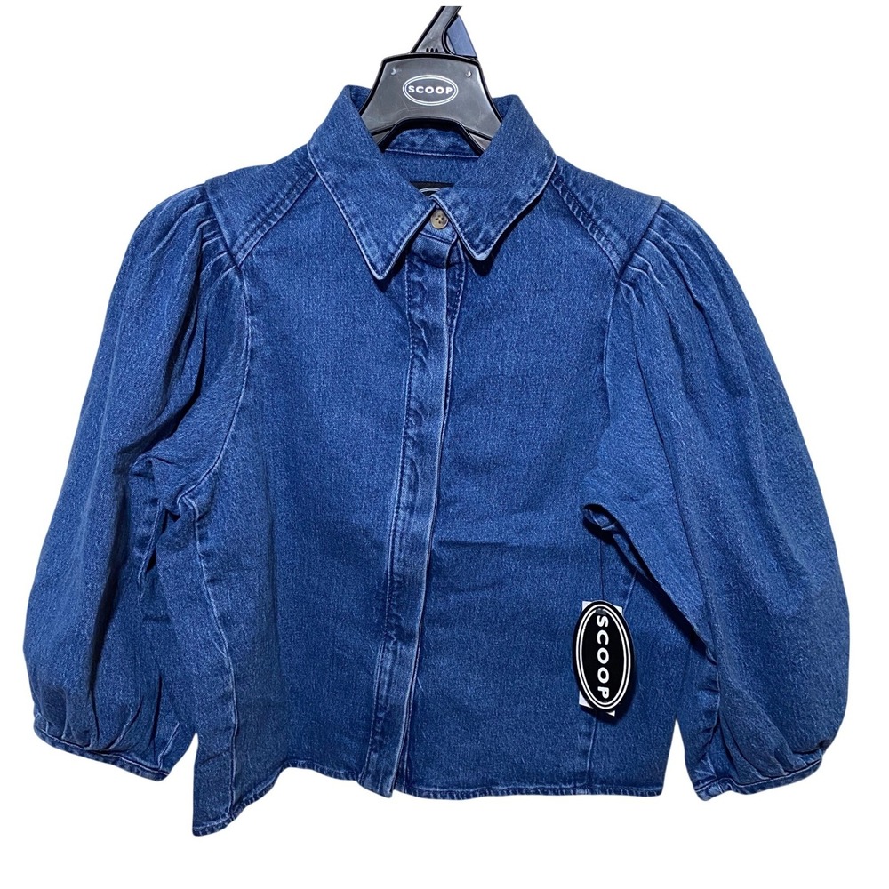 Scoop Womens Medium Wash Denim Puff Sleeve Shirt XS 3/4 Sleeve Hidden Button Up